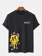 Herren-T-Shirts mit Tropflächeln-Gesicht, Blumendruck, Rundhalsausschnitt und kurzen Ärmeln - Schwarz