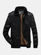 Mens Push Lined Snap Button Lapel Warm Washed PU Jackets With Pocket - Black
