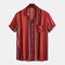 Mens Summer Striped Printed Chest Pocket Turn Down Collar Short Sleeve Breathable Loose Casual Shirt - Red