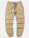 Mens Solid Color Double Flap Pocket Casual Drawstring Joggers Pants - Khaki