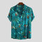 Mens Summer Ethnic Printed Stand Collar Short Sleeve Loose Casual Shirts - Green