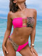 Women Leopard Print Patchwork Plain String Backless Hawaii Bikini - Rose