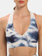 Women Tie-Dye Print Breathable Jacquard Wireless Cross Straps Yoga Sports Bra - Navy