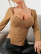 Women Solid Color Square Collar Long Sleeve Slit Hem T-Shirt - Coffee