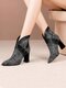 Women Pointed Toe High Heel Zipper Short Ankle Boots - plaid