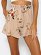 Floral Print Waistband Ruffle Pocket Casual Shorts for Women - Khaki