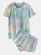 Women Tie Dye Pajamas Set Two Pieces Short Sleeve O-Neck Softies Summer Sleepwear - Green