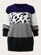 Plus Size Cow Print O-neck Patchwork Casual Sweater - Blue