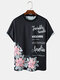 Mens Letter Floral Print Crew Neck Short Sleeve T-Shirts - Black