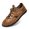 Men Closed Toe Breathable Hand Stitching Hole Leather Sandals - Brown