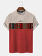 Mens Vintage Geometric Pattern Patchwork Mock Neck Short Sleeve T-Shirts - Wine Red