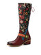 Socofy Casual Floral Print Leather Back Lace-up Design Side Zipper Comfortable Low Heel Knee High Boots - Brown