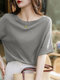 Blusa feminina sólida com gola redonda em malha casual de meia manga - cinzento