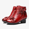SOCOFY Retro Genuine Leather Stitching Solid Color Handmade Flowers Soft Low Heel Short Boots - Red