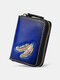 Women Genuine Leather Vintage Zipper Front Feather Embossing Wallet Multiple Card Slots Small Card Holder - Blue