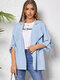 Solid Lapel Collar Adjuatable Sleeves Pocket Trench Coat - Blue