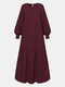 Women Ethnic Solid Color O-neck Long Sleeve Patchwork Maxi Dress - Wine Red