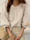Women Plaid Seersucker Button Front Casual 3/4 Sleeve Shirt - Khaki