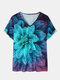 Calico Print Short Sleeve V-neck Casual T-Shirt For Women - Purple