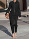 Solid Color Front Zipper Long Sleeve Jumpsuit For Women - Black