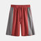 Mens 100% Cotton Casual Patchwork Elastic Drawstring Waist Loose Shorts - Red