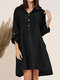 Solid A-line Long Sleeve Button Lapel Vintage Dress - Black