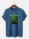 Mens Black Cat Letter Graphic Short Sleeve Cotton T-Shirts - Blue