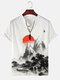 Mens Chinese Landscape Ink Painting Notched Neck T-Shirts - White