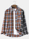 Mens Plaid Patchwork Button Up Casual Long Sleeve Shirts With Pocket - Orange