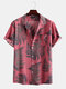 Mens 100% Cotton Leaf Printed Chest Pocket Turn Down Collar Short Sleeve  Shirts - Pink