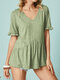 Solid Color V-neck Short Sleeve Ruffle Casual T-Shirt For Women - Green