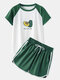 Women Print Pajamas Set Patchwork Short Sleeve O-Neck Softies Sports Loungewear Elastic Waist Bottom Sleepwear - Green