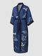 Women Satin Crane Print Lace Up Calf Length Home Breathable Robes - Navy