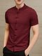 Mens Retro Button Linen Short Sleeve Shirts - Wine Red