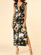 Floral Print Waistband Slit Ruffle Casual Jumpsuit for Women - Black