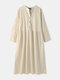 Casual O-neck Long Sleeve Button Plus Size Dress with Pockets - Beige