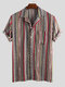 Mens Ethnic Style Colorful Striped Summer Short Sleeve Loose Casual Shirt - Green