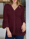 Feminino Lace Patchwork Decote em V Botão Frontal Dividido Camisa - Vinho vermelho