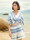Selfsow Blue And White Stripe Print Wrap Tie Back Two Pieces Suit - Blue