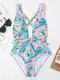 Women Floral Print Deep-V Criss-Cross Belted Backless Slimming One-Piece Swimwear - Green