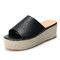 Plus Size Women Casual Comfy Peep Toe Straw Platform Slippers - Black