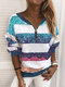 Ombre Printed Long Sleeve V-neck Zip Front Sweatshirt For Women - Blue