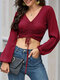 Solid Color Drawstring V-neck Long Sleeve Tank Top - Wine Red