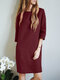 Women Solid Crew Neck Cotton Casual 3/4 Sleeve Dress - Wine Red