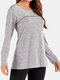 Solid Color Patchwork Long Sleeve O-neck Casual Blouse For Women - Grey