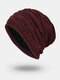 Men Winter Plus Velvet Plain Color Striped Pattern Outdoor Knitted Warm Beanie Hat - Wine Red