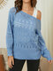 Plus Size Solid Hollow Long Sleeve Knit O-neck Sweater - Blue