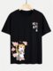 Mens Japanese Cherry Blossoms Cat Print Crew Neck Short Sleeve T-Shirts Winter - Black