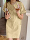 Buttons Up Double Pocket Thigh Length Casual Dress - Khaki