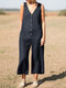 Solid Button V Neck Sleeveless Casual Cotton Jumpsuit - Navy